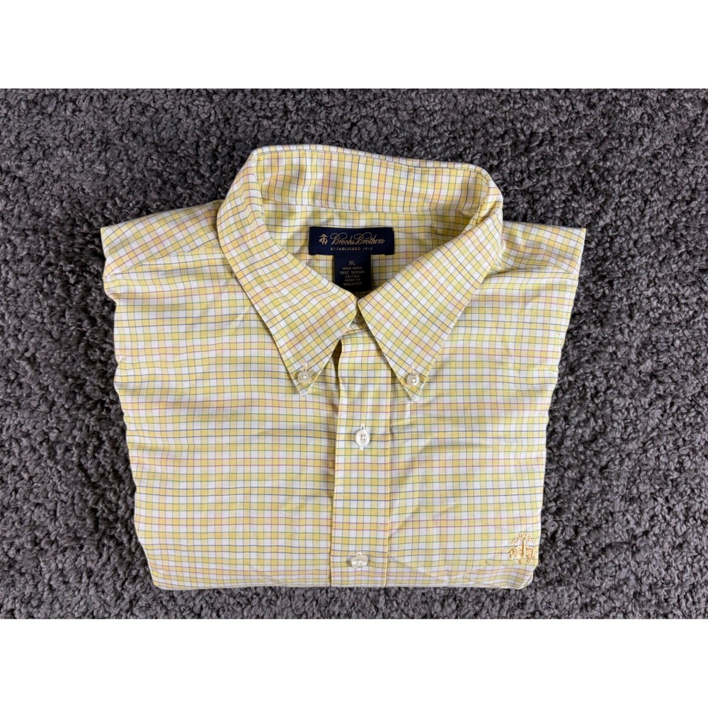 Brooks Brothers Non-Iron Supima Cotton Shirt XL Yellow Tattersall Plaid Mens